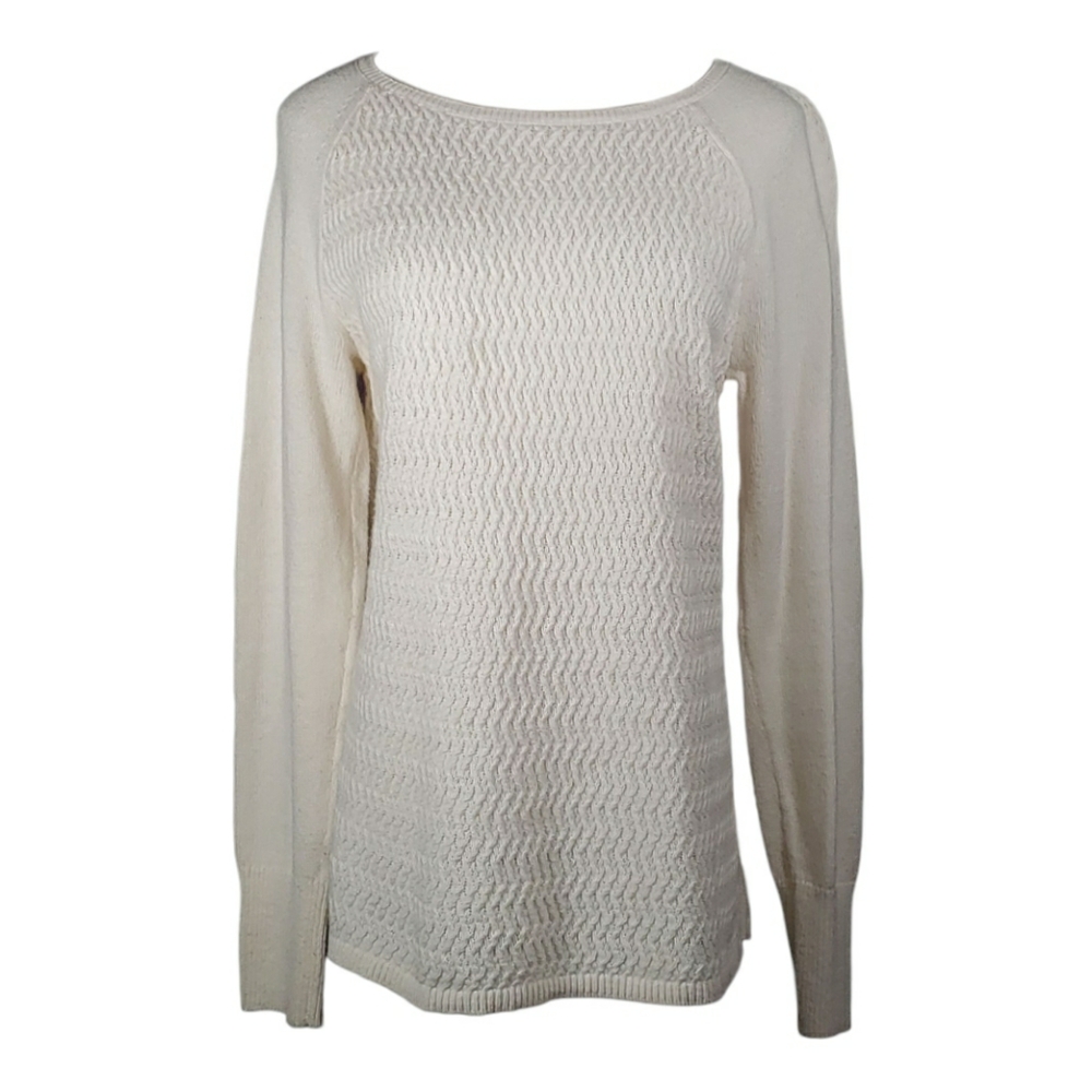Loft Sweater Textured Cotton Wool Boatneck Raglan Sleeve Cream Winter Minimalist